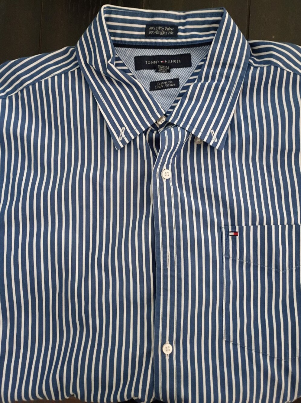 Tommy Hilfiger Navy and White Striped Button-Down Shirt Size L 16 1/2-17